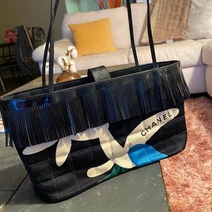 Chanel black square quilted fringe mini bag